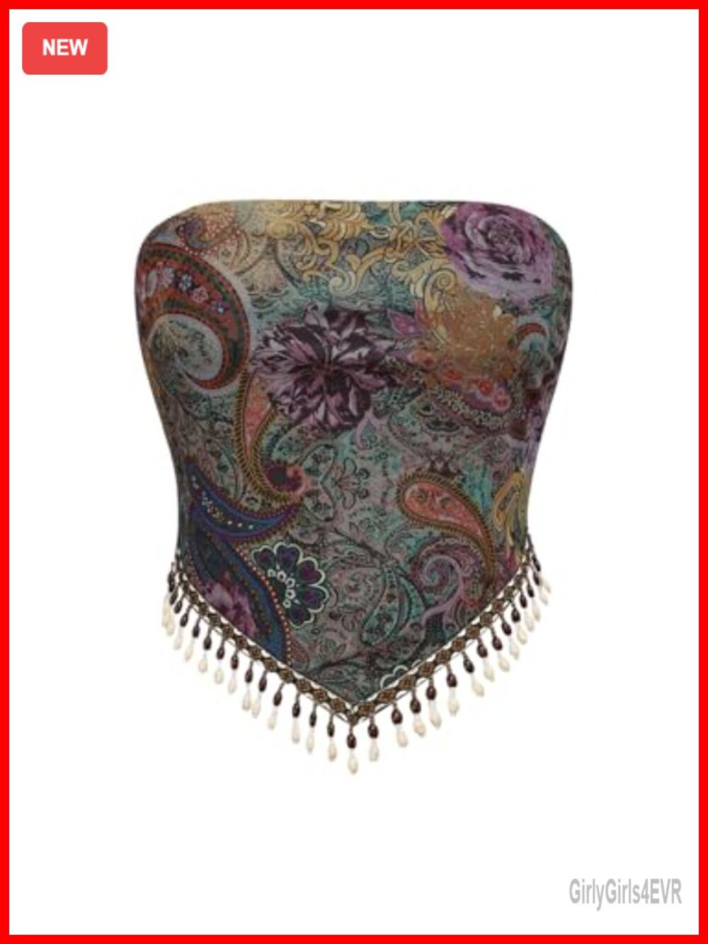 Boho Western Fringe Bandana Top Strapless Beaded Hem Y2K Festival Tank